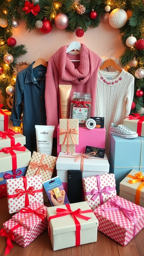 A collection of Christmas gifts for teenage girls, including clothing, beauty items, and tech gadgets, arranged with holiday decorations.